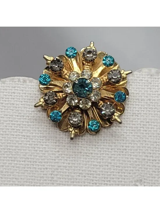 Vtg Gold-Tone Rhinestone Starburst Brooch Pin Turquoise & Clear Crystals Floral - Picture 4 of 10